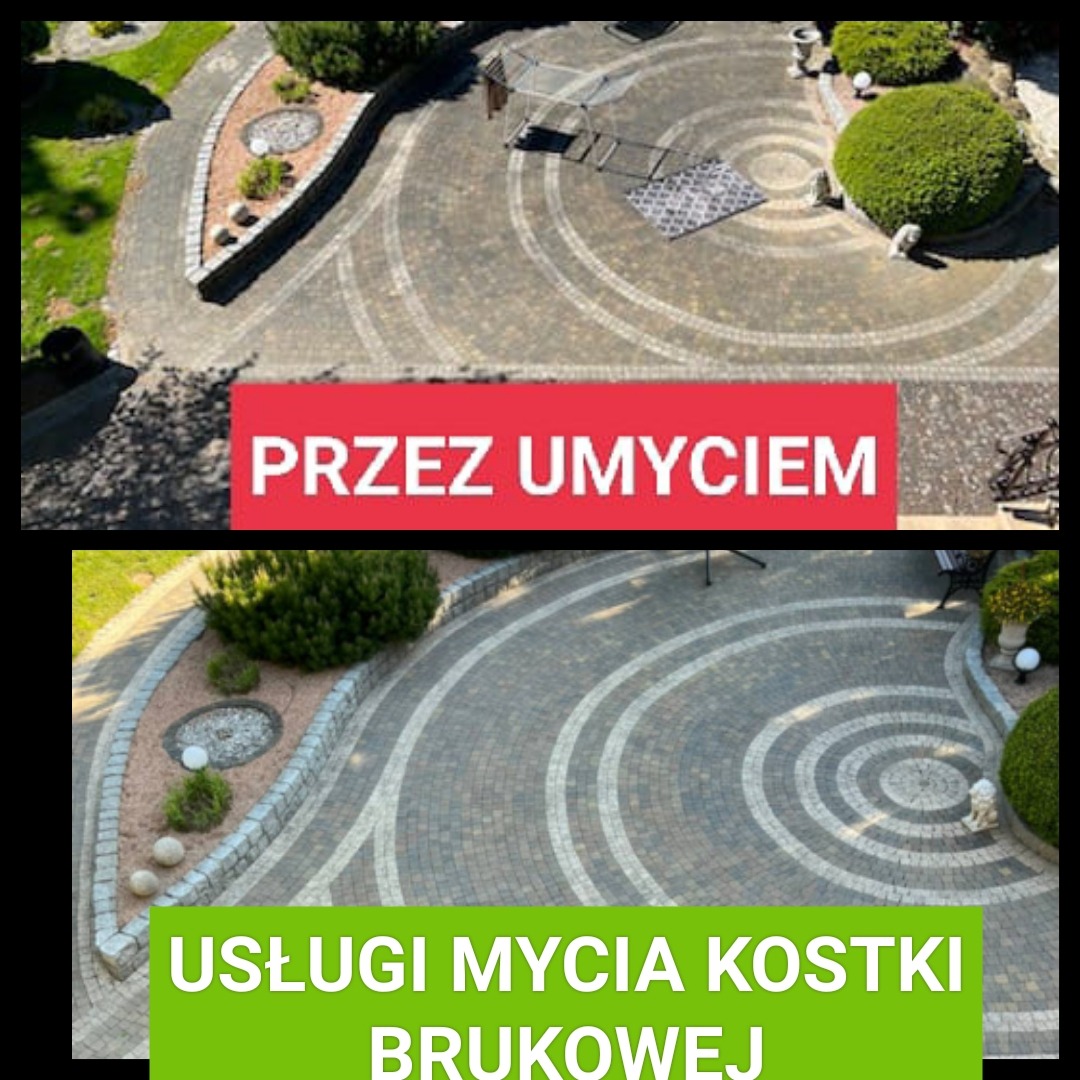 Porównanie stanu kostki brukowej przed i po czyszczeniu, widok z góry na okrągły wzór z kostki, zieleń wokół, na górnym zdjęciu napis 'PRZED UMYCIEM', na dolnym 'USŁUGI MYCIA KOSTKI BRUKOWEJ'.