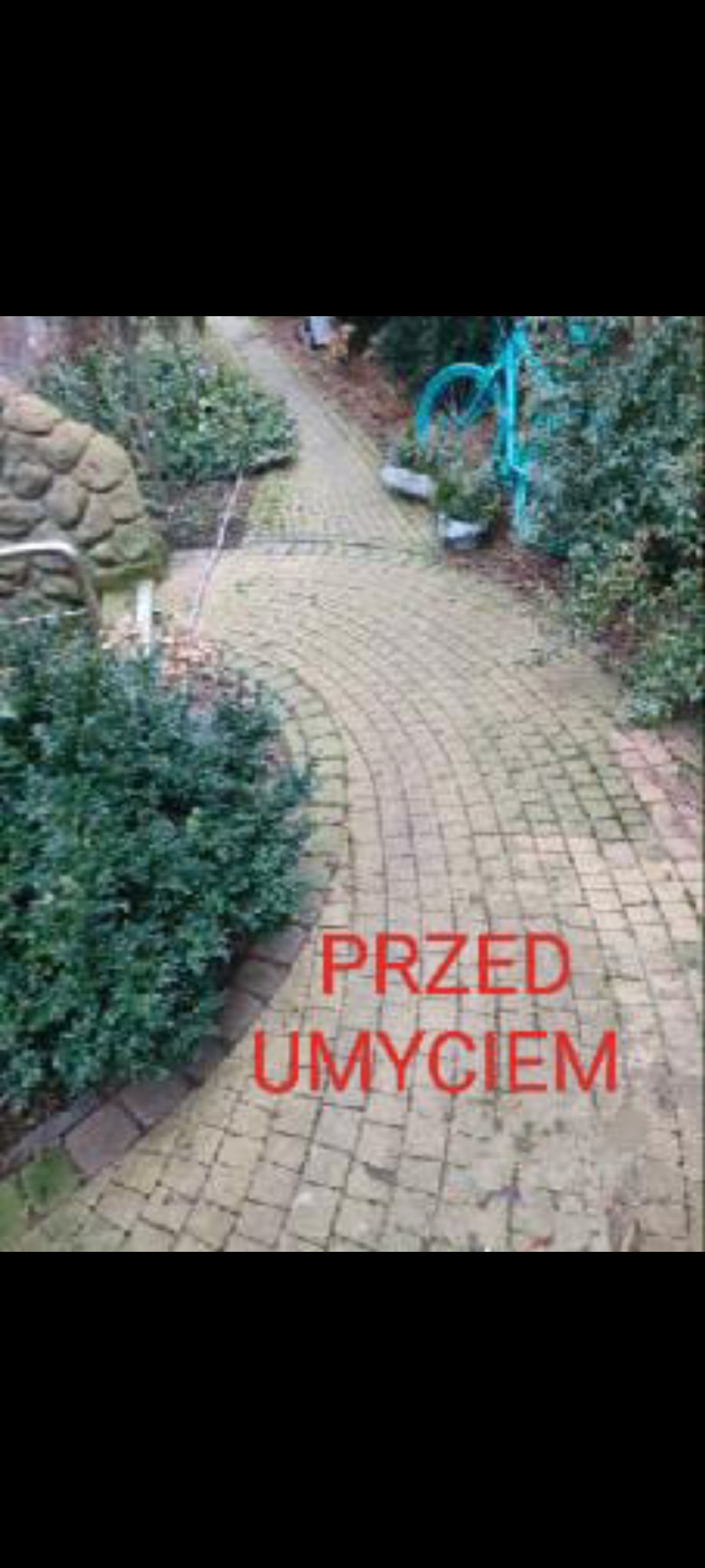 Brudna kostka brukowa na ścieżce ogrodowej przed czyszczeniem, widoczny fragment niebieskiego roweru i zarośla.