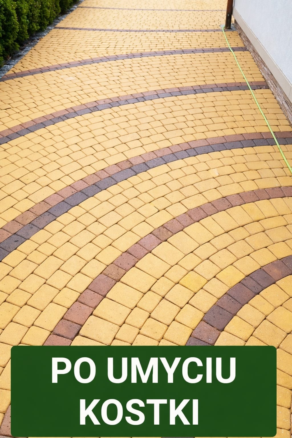Umyta kostka brukowa w odcieniach żółci i brązu, ułożona w łukowaty wzór. Widoczny fragment zielonego węża ogrodowego przy ścianie budynku.