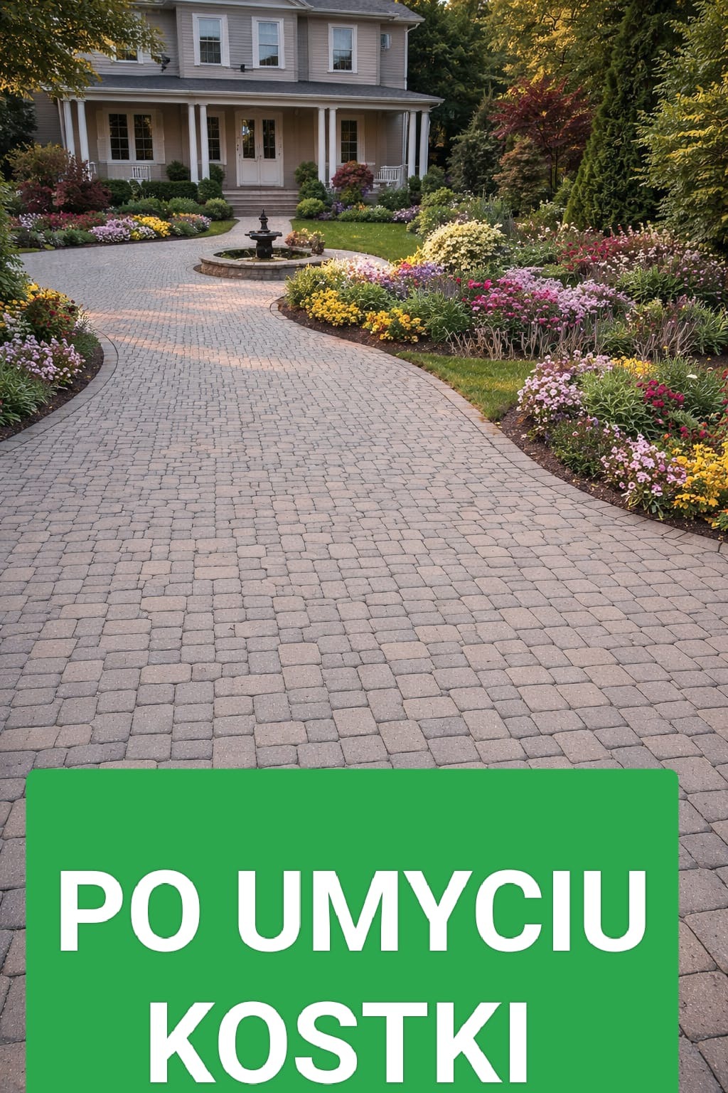 Czysta, kręta ścieżka z kostki brukowej prowadząca do domu z kolumnami, otoczona rabatami kwiatowymi i zielenią. Widok na zadbany ogród i fontannę.