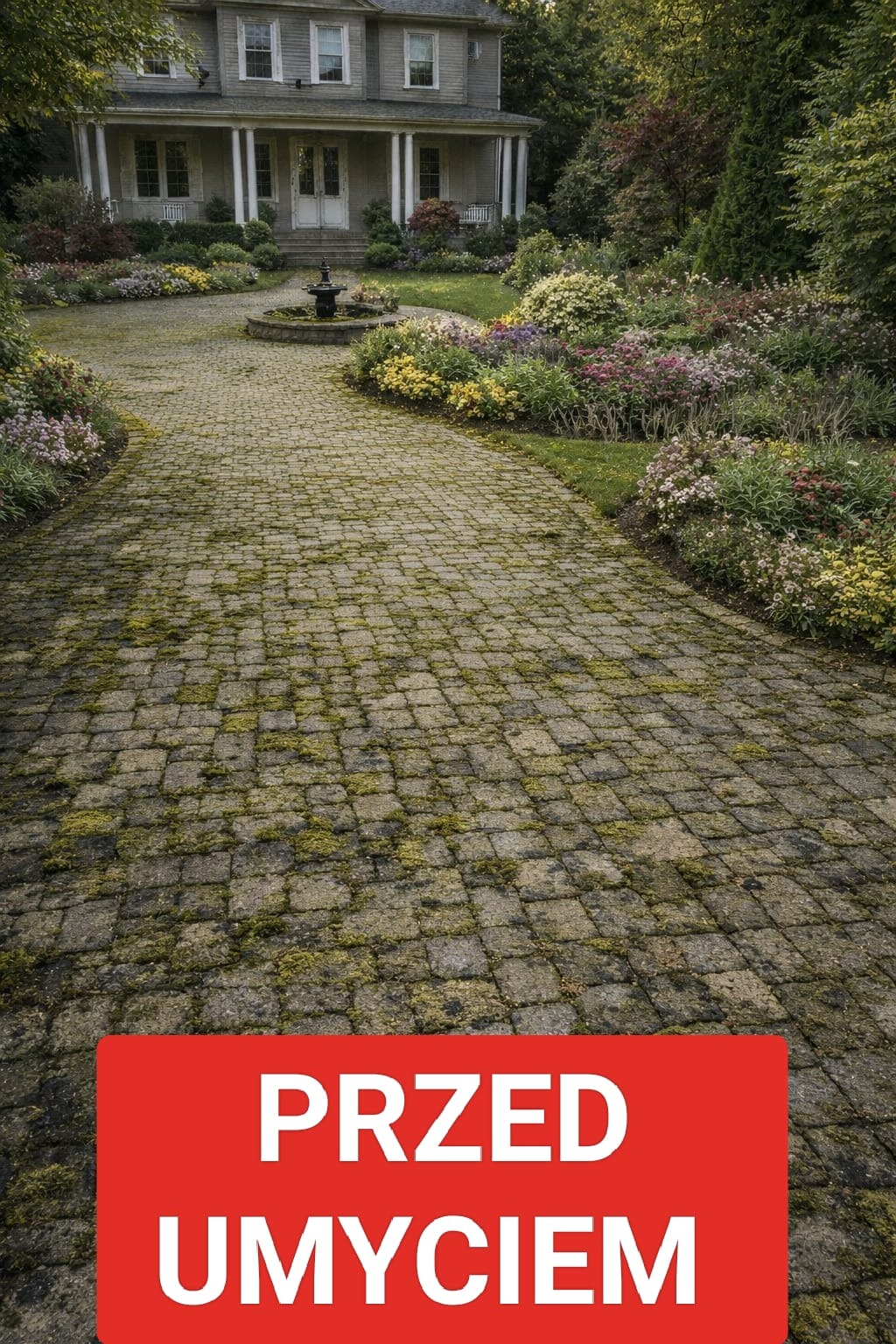 Zarośnięta mchem kostka brukowa prowadząca do domu z kolumnami, otoczona rabatami kwiatowymi. Widoczny napis 'PRZED UMYCIEM' na czerwonym tle.
