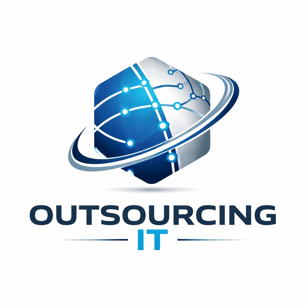 Grafika: Sześcian z motywem sieci otoczony orbitą, symbolizujący globalne usługi IT. Pod spodem napis 'Outsourcing IT' w kolorach niebieskim i szarym.