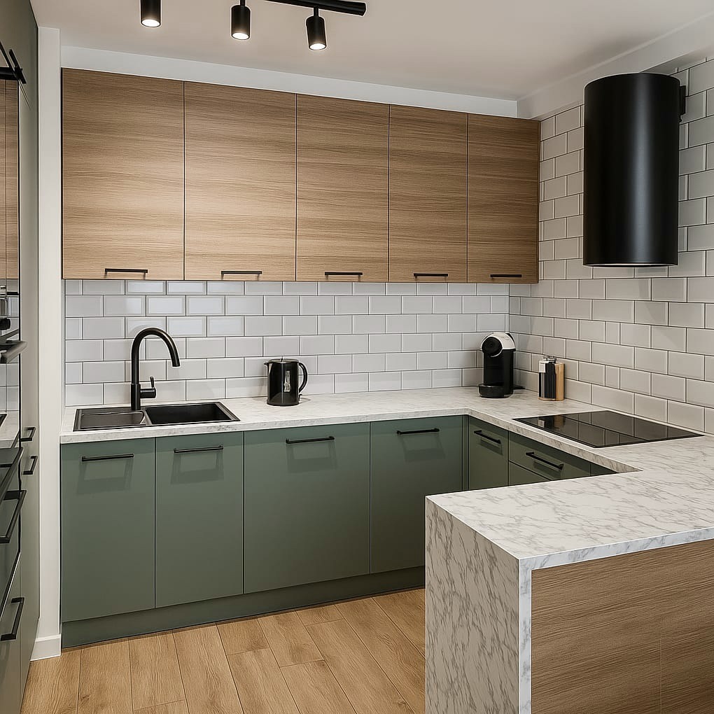 Nowoczesna kuchnia: oliwkowe szafki dolne, drewniane górne. Czarny kran i okap na tle białych płytek. Blat marmurkowy z drewnianym wykończeniem. Minimalistyczny design.