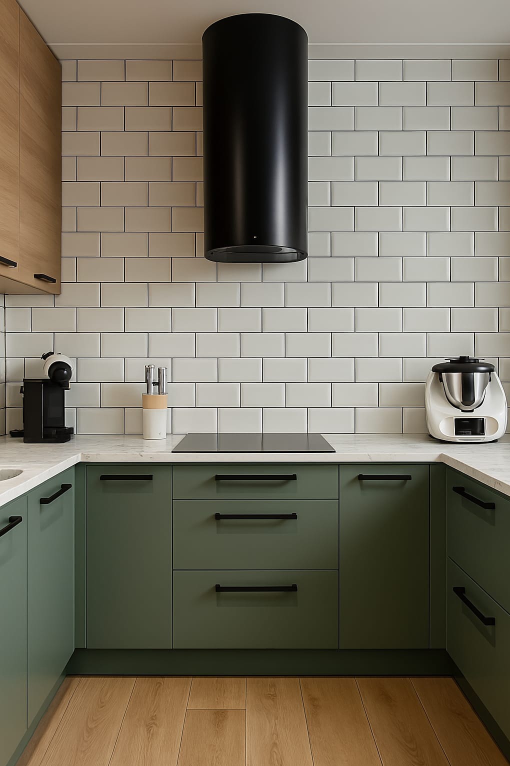Nowoczesna kuchnia z zielonymi szafkami i czarnymi uchwytami, białe płytki na ścianie i drewniana podłoga. Minimalistyczny design, czarny okap cylindryczny.