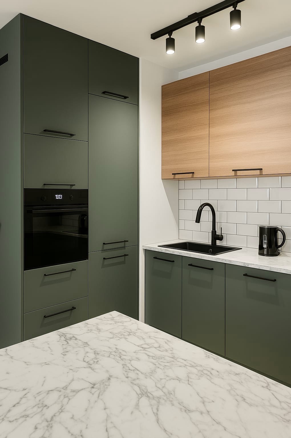 Nowoczesna kuchnia: zielone szafki z czarnymi uchwytami, drewniane szafki wiszące, marmurowy blat i czarna armatura. Minimalistyczny design, oświetlenie punktowe.