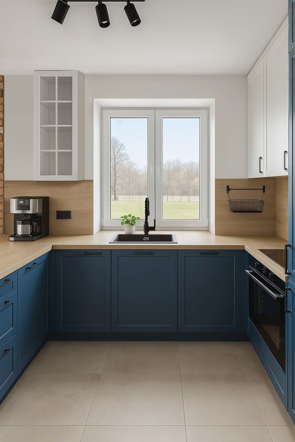 U-kształtna kuchnia z granatowymi frontami i drewnianym blatem. Widok na okno z rośliną. Minimalistyczny design, czarne akcenty, oświetlenie punktowe.