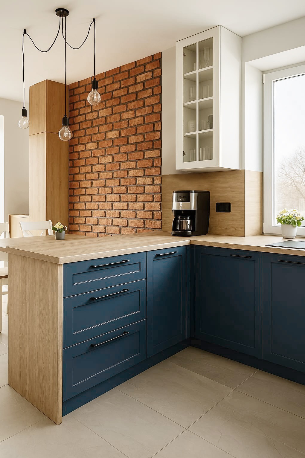 Niebieska zabudowa kuchenna z drewnianym blatem i ceglaną ścianą. Nad blatem wiszą trzy lampy z żarówkami. Na blacie ekspres do kawy i dekoracja z kwiatami.