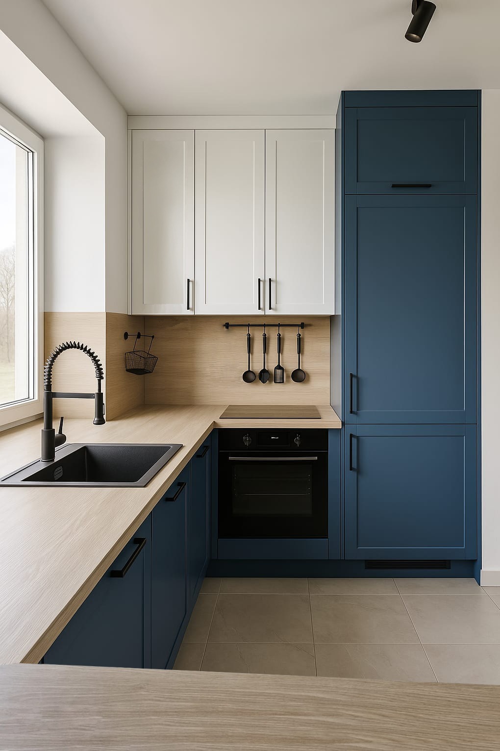 Nowoczesna kuchnia: białe szafki górne, dolne granatowe, drewniany blat, czarny zlew i bateria, piekarnik. Minimalistyczny design z akcentami skandynawskimi.