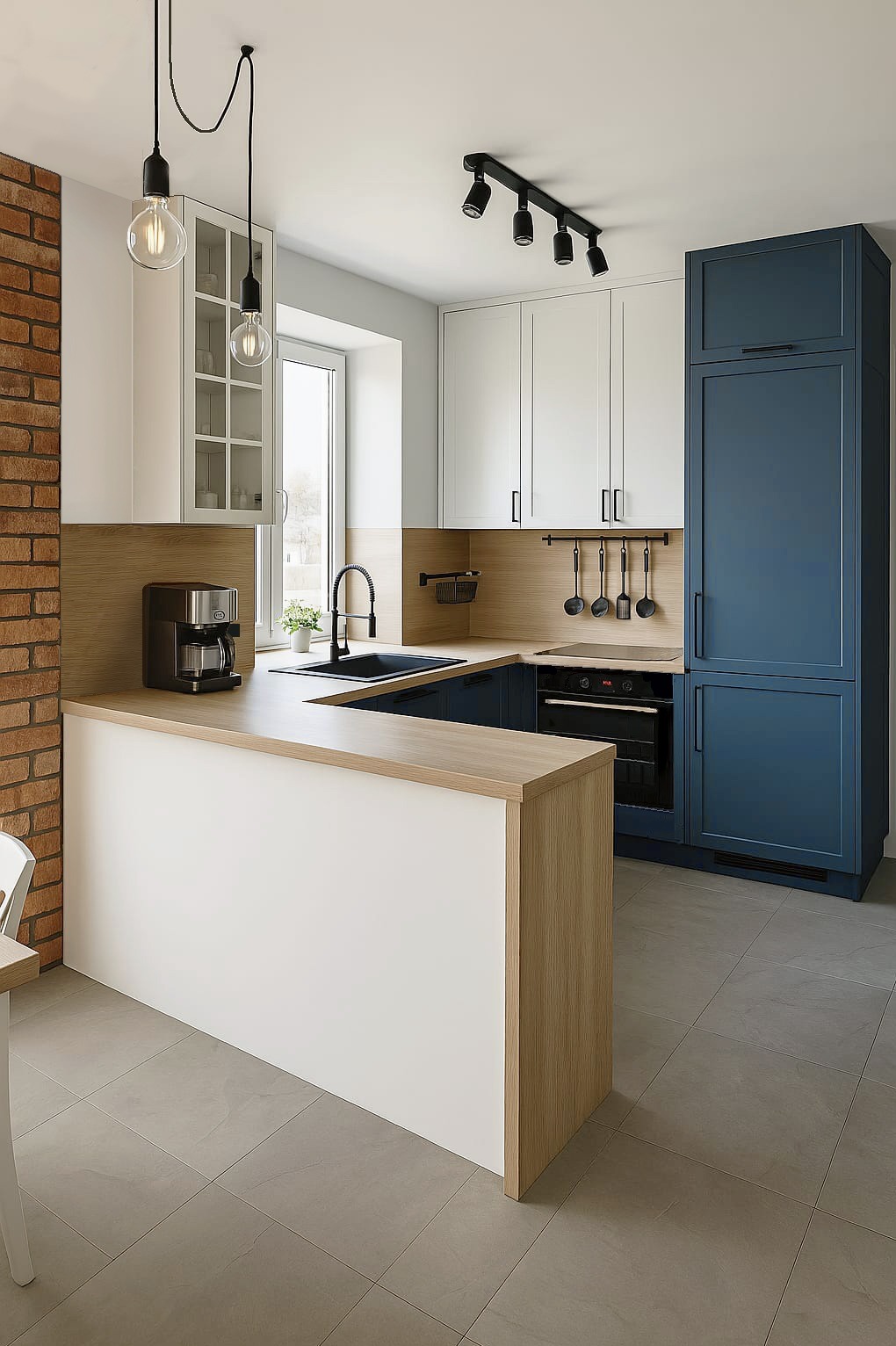 Nowoczesna kuchnia z wyspą, biało-granatowe szafki, drewniany blat, ceglana ściana, czarne akcenty: bateria, lampy. Ekspres do kawy na blacie.