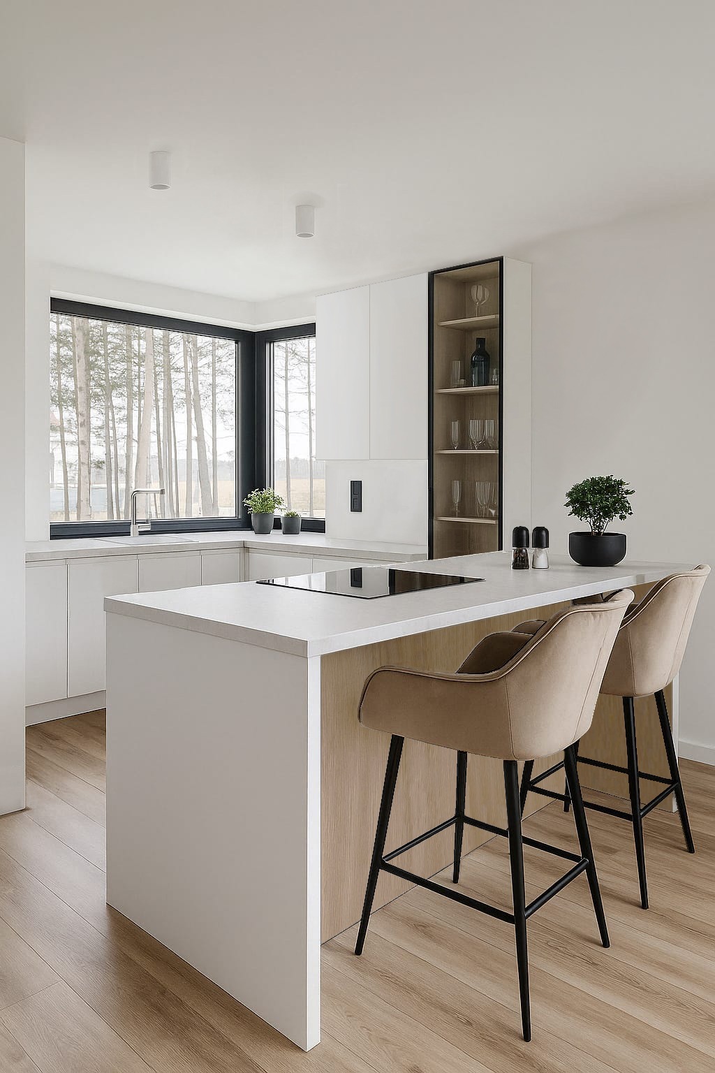 Nowoczesna, minimalistyczna kuchnia z wyspą i hokerami. Białe fronty szafek, czarne ramy okien z widokiem na las. Blat w kolorze złamanej bieli, drewniana podłoga.