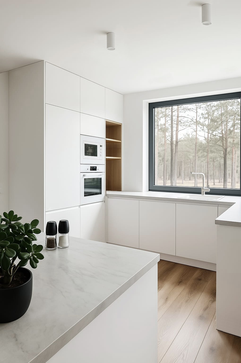 Minimalistyczna, biała kuchnia z drewnianymi akcentami, dużą oknem z widokiem na las. Na blacie marmurowym doniczka z rośliną i przyprawniki.