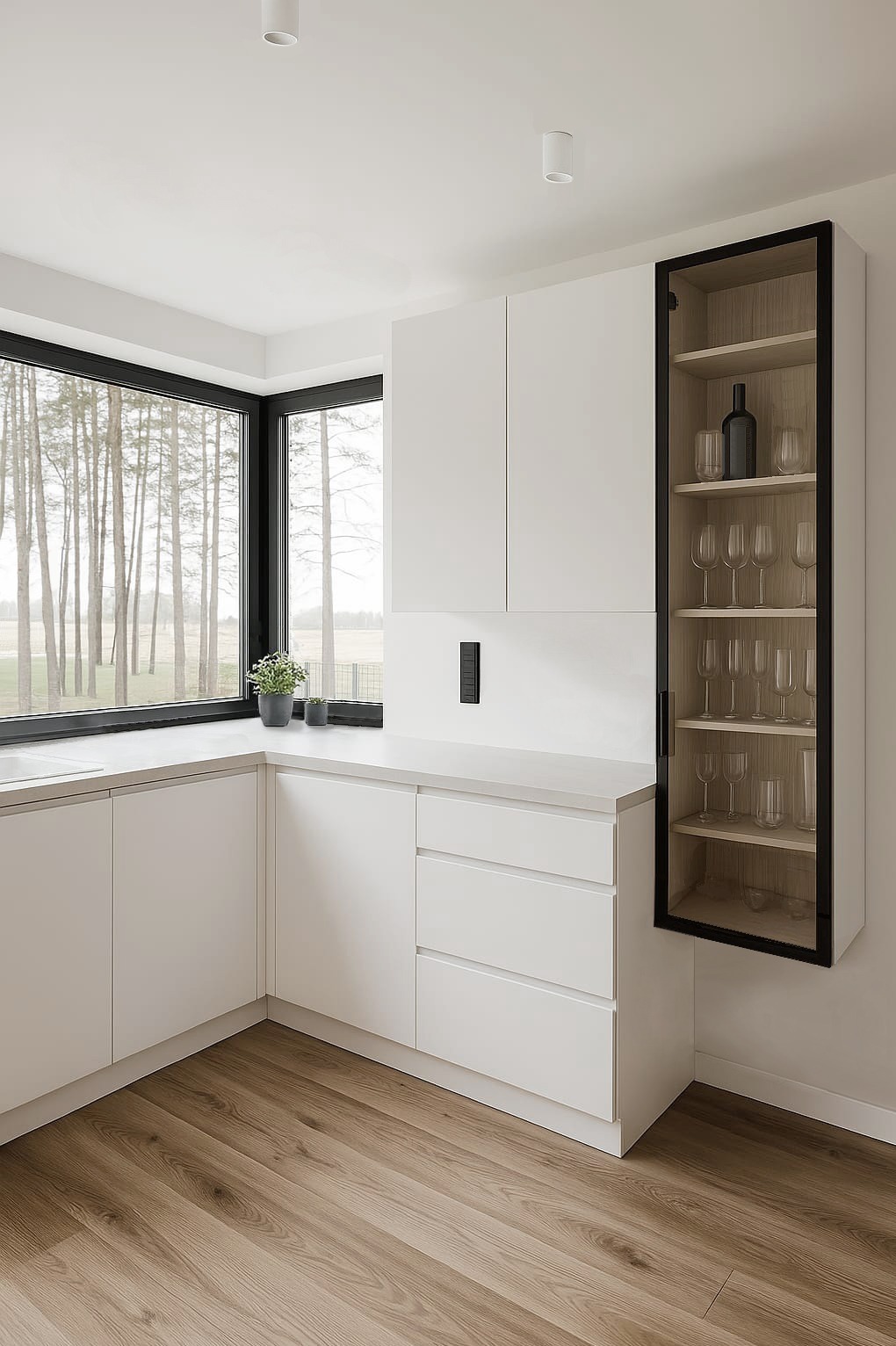 Nowoczesna, minimalistyczna kuchnia w bieli z drewnianą podłogą. Szklana witryna z czarną ramą eksponuje kieliszki i butelkę wina. Duże okno z widokiem na las.