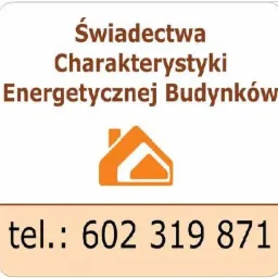 Grafika informacyjna: Świadectwa Charakterystyki Energetycznej Budynków, pomarańczowe logo domu, numer telefonu na beżowym tle.
