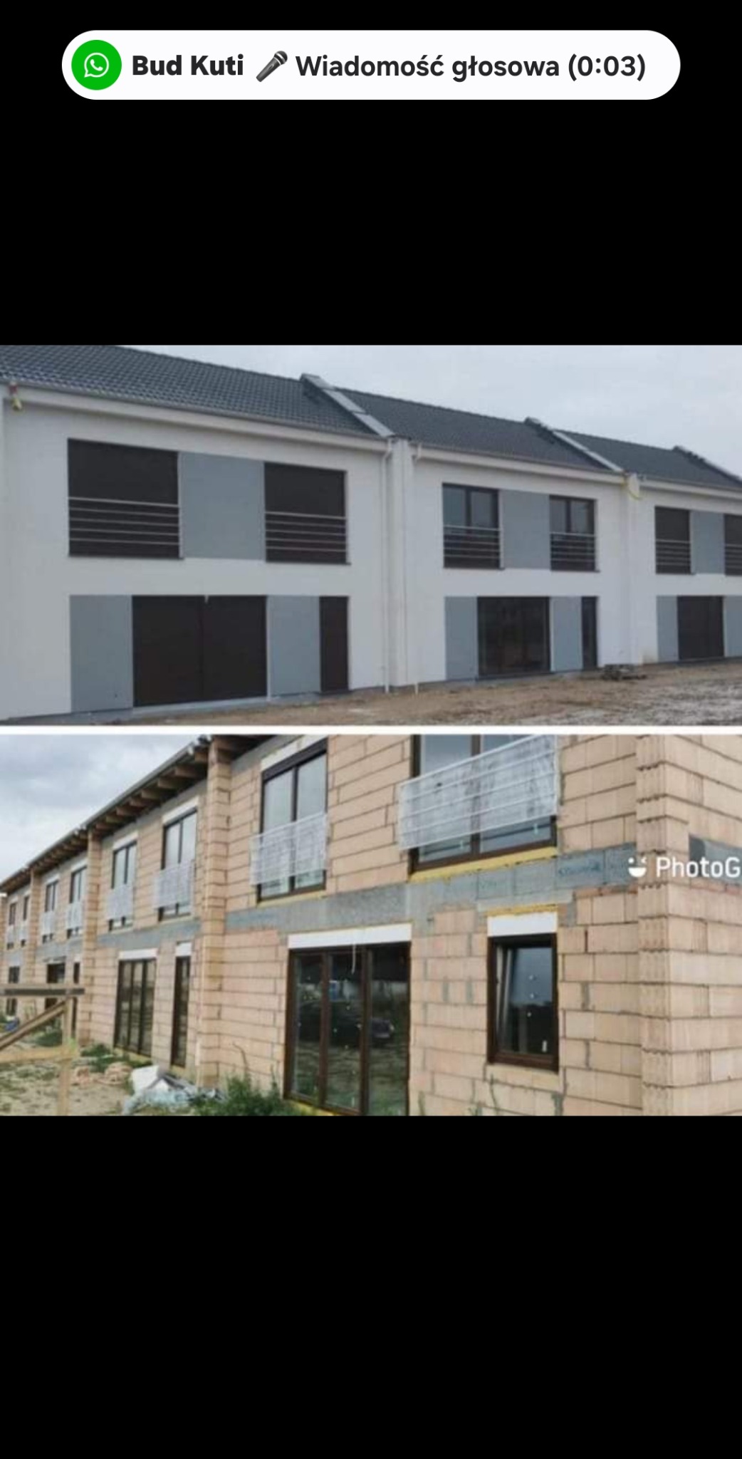 Porównanie dwóch etapów budowy szeregowca: wykończona elewacja w szarościach i stan surowy z widocznymi bloczkami, oknami i elementami konstrukcyjnymi.