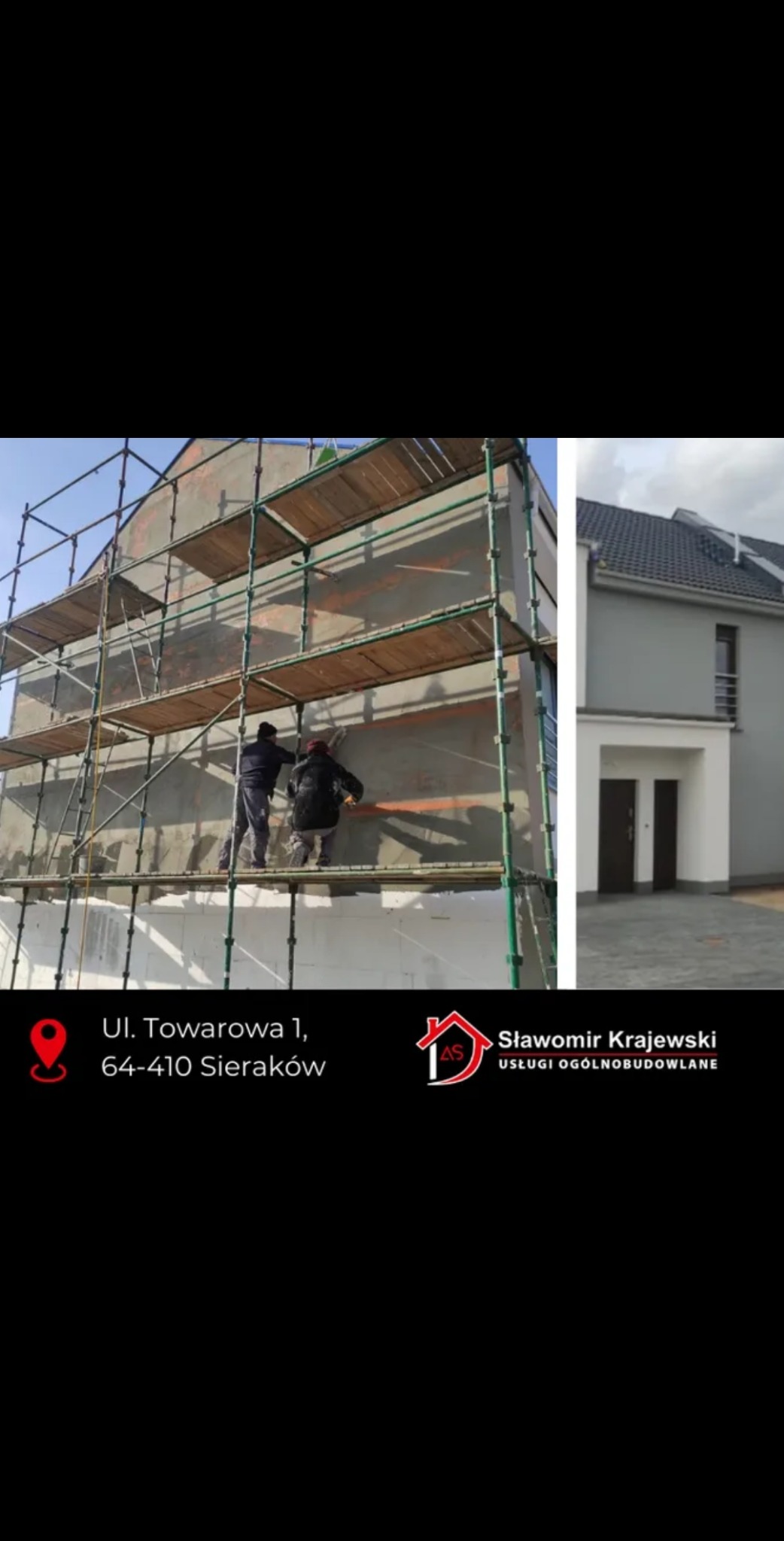 Dwaj pracownicy na rusztowaniu nakładają tynk na elewację domu jednorodzinnego, widoczny fragment ocieplenia i ukończona część elewacji w jasnych barwach.