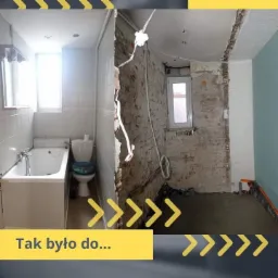 Porównanie stanu łazienki przed i w trakcie remontu: po lewej stronie widoczna jest biała łazienka z wanną i toaletą, po prawej - łazienka w trakcie prac z odsłoniętą cegłą, nową wylewką...