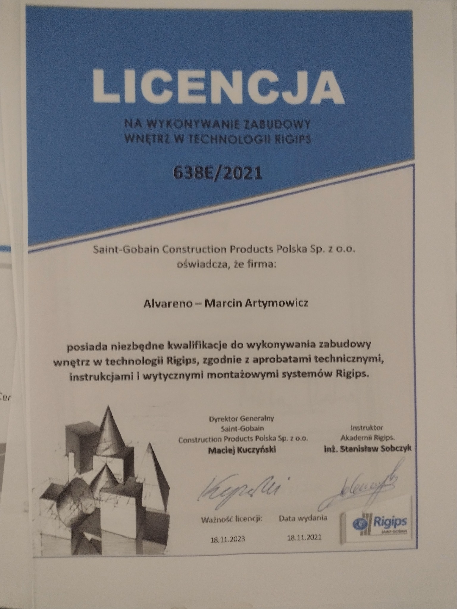 Skan licencji na wykonywanie zabudowy wnętrz w technologii Rigips, wydanej przez Saint-Gobain Construction Products Polska Sp. z o.o. dla firmy Alvareno - Marcin Artymowicz, z datą ważności 18.11.