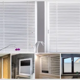 Kompozycja okien z różnymi typami osłon: białe żaluzje poziome z cienkimi lamelami, roleta zewnętrzna z drewnianym wykończeniem, szara plisa okienna w łazience oraz rolety typu dzień i noc w pokoju.