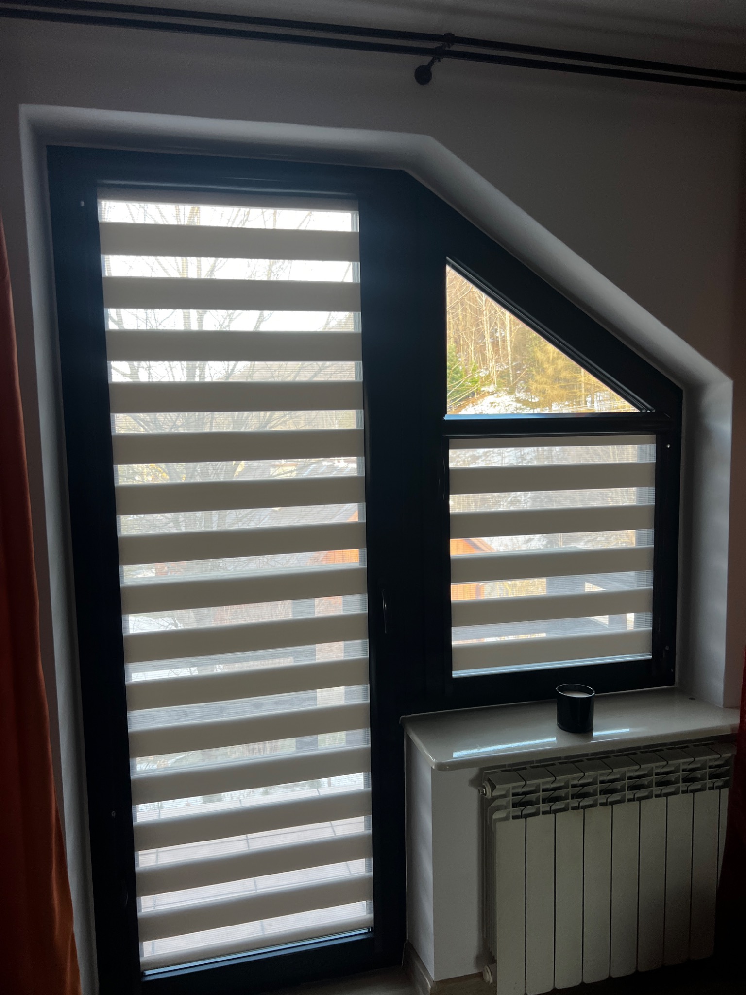 Okno z zamontowanymi podwójnymi roletami w dzień, widok na zaśnieżone drzewa za oknem, na parapecie czarny kubek, pod parapetem biały grzejnik.