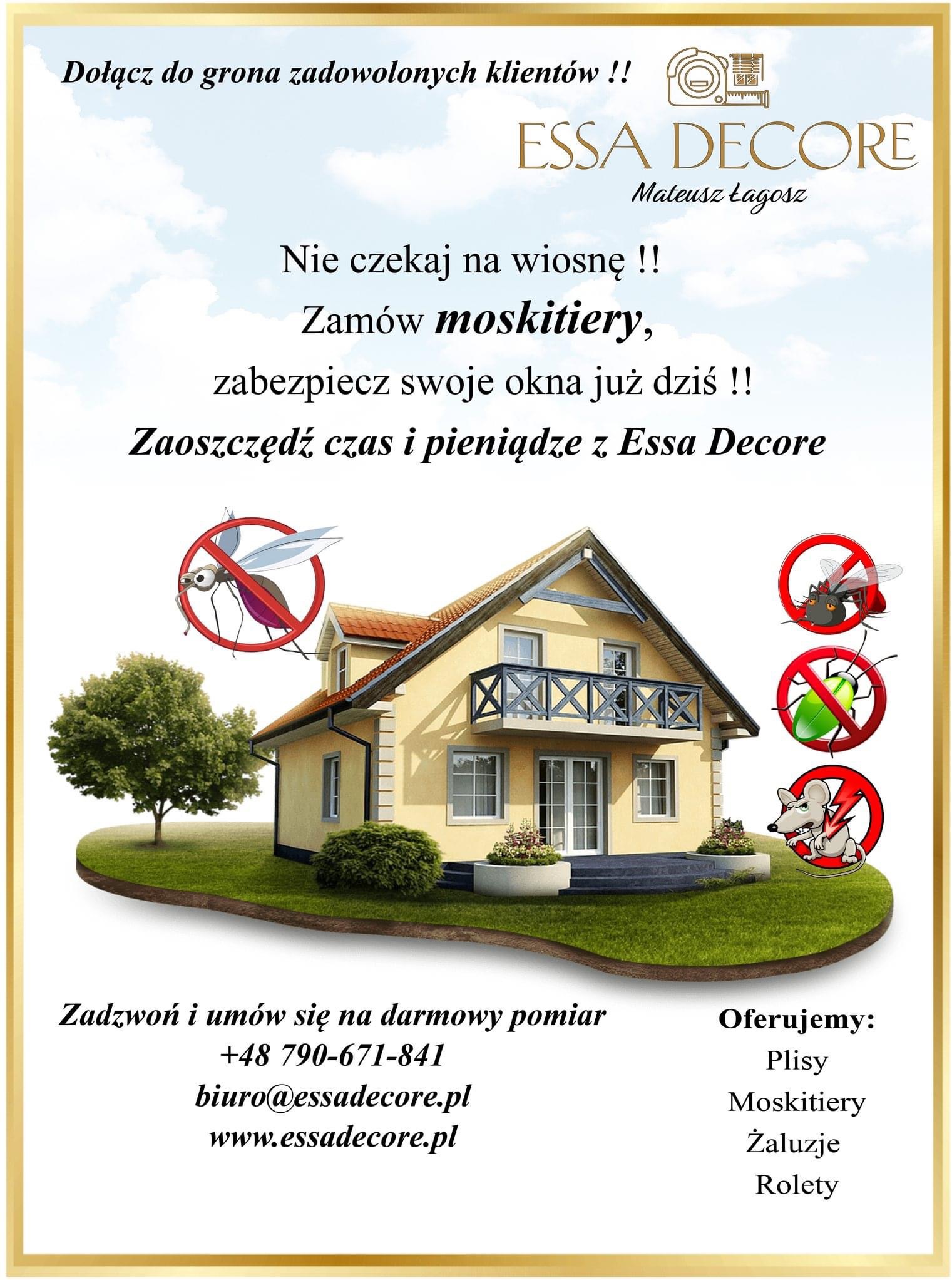 Grafika reklamowa firmy Essa Decore oferującej plisy, moskitiery, żaluzje i rolety. Na ilustracji dom z symbolami przekreślonych owadów i gryzoni.