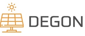 Logo firmy DEGON przedstawiające stylizowany panel słoneczny z słońcem nad nim, obok nazwy firmy.