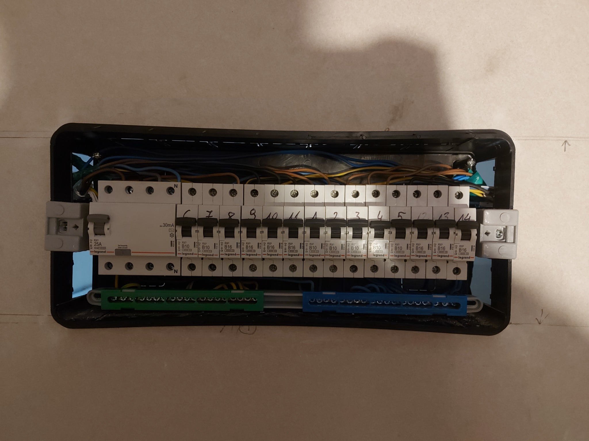 Otwarta skrzynka rozdzielcza z zainstalowanymi bezpiecznikami Legrand, widoczne przewody w różnych kolorach i listwy zaciskowe, zamontowana na jasnej ścianie z widocznymi liniami pomocniczymi.