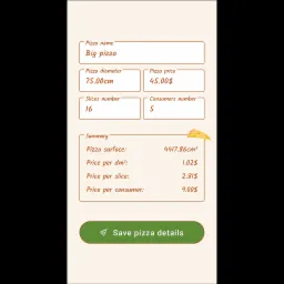 Interfejs kalkulatora kosztów pizzy z polami do wprowadzania danych o rozmiarze, cenie, liczbie kawałków i konsumentów oraz podsumowaniem z wyliczoną powierzchnią i cenami na jednostkę.