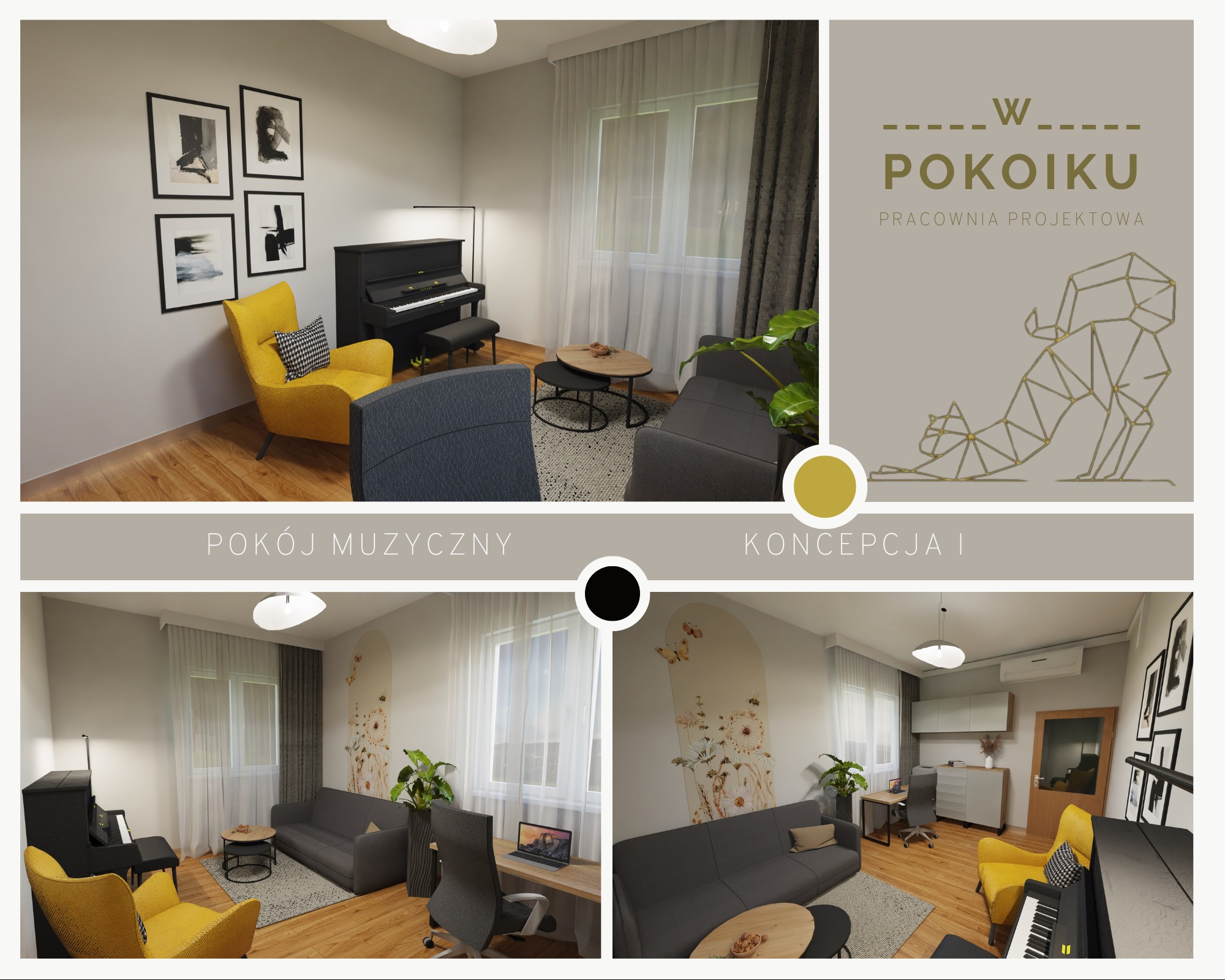 Pokój relaksu z miejscem do pracy w Olsztynie - koncepcja 1