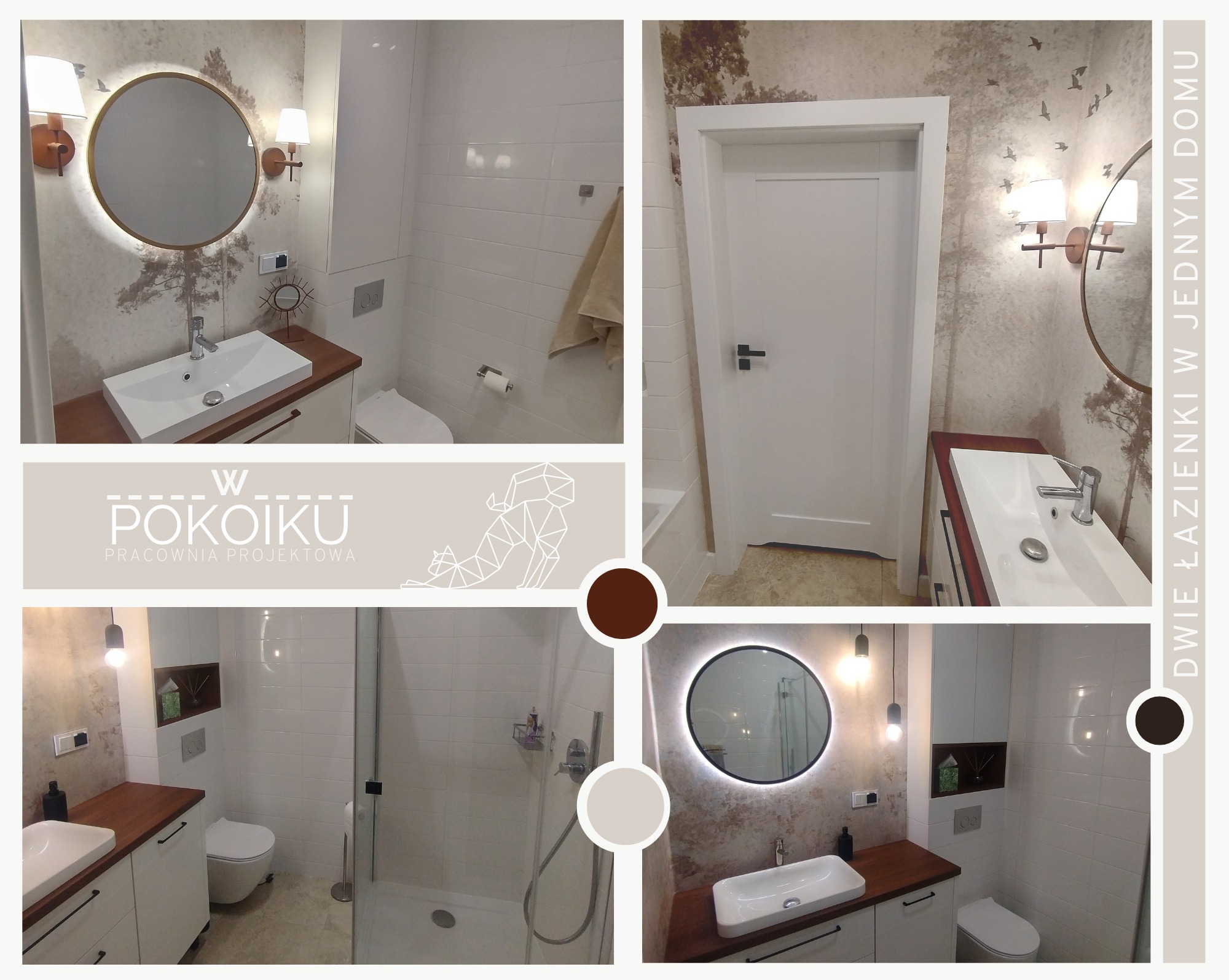 Kompozycja przedstawiająca dwie łazienki: jedna z okrągłym lustrem podświetlanym LED i tapetą z motywem drzew, druga z kabiną prysznicową i szafką z drewnianym blatem.