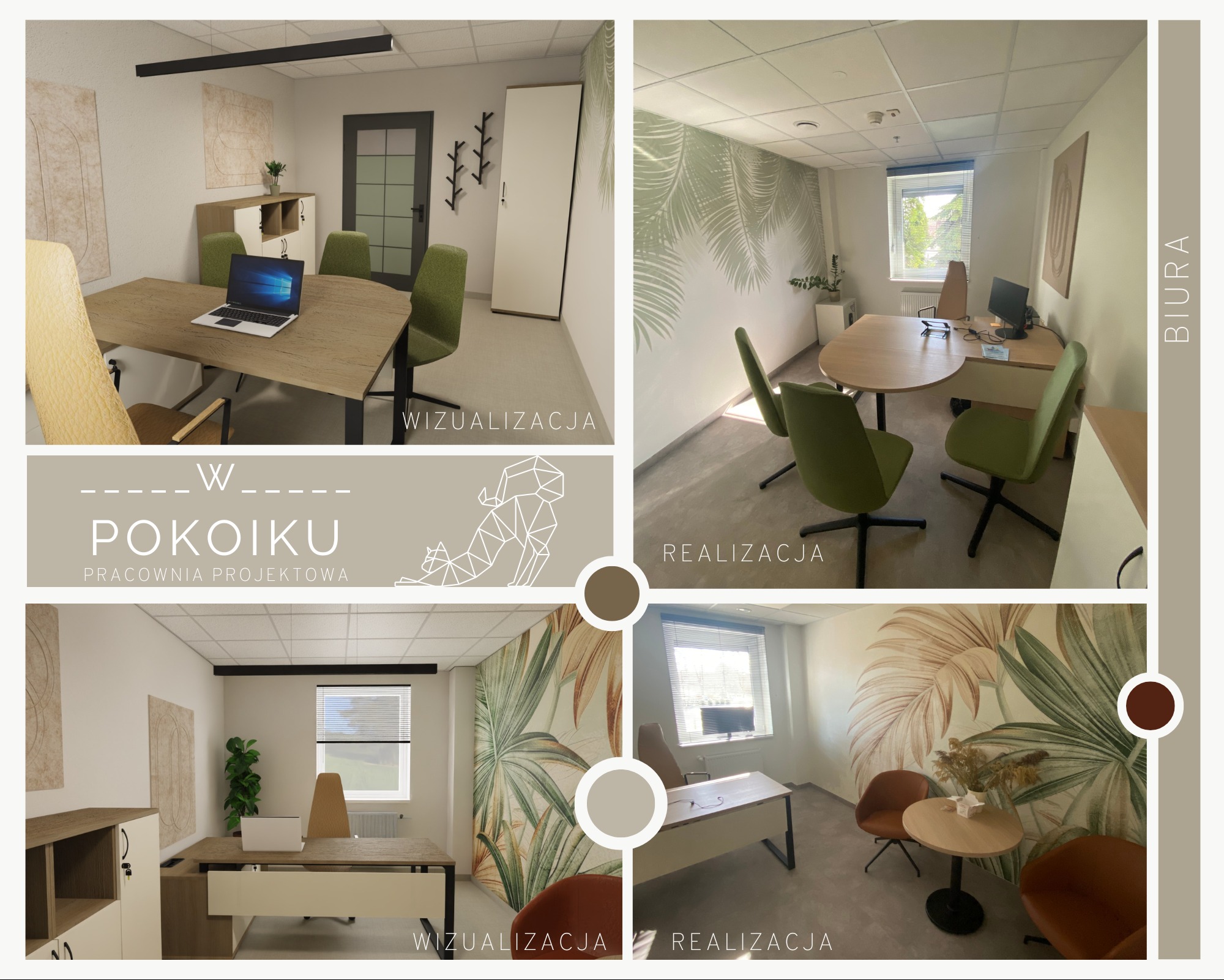 Kolaż prezentujący wizualizacje i zdjęcia z realizacji projektu biura z motywem roślinnym: stoły konferencyjne, krzesła, dekoracyjne fototapety i minimalistyczne meble.
