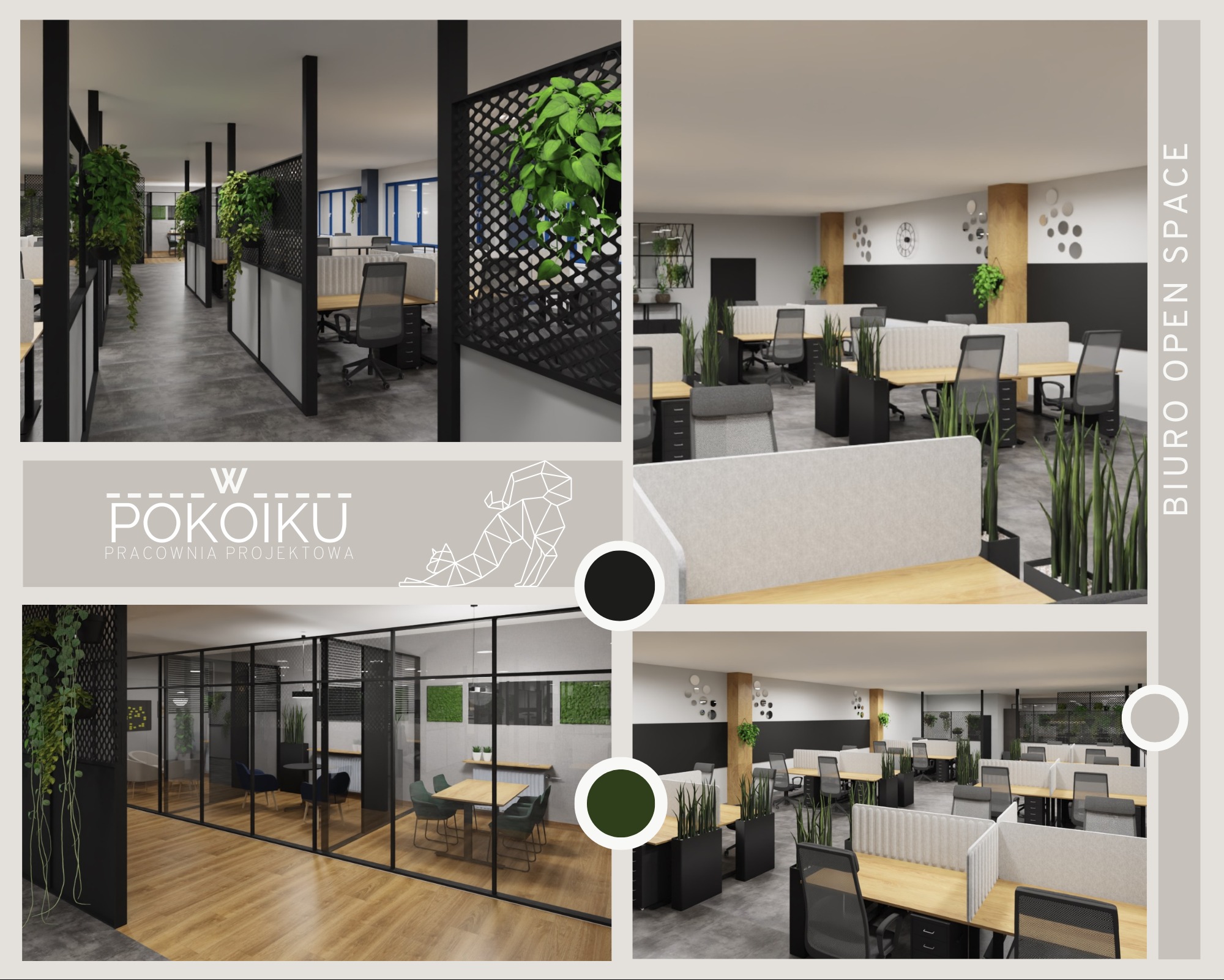 Nowoczesne biuro open space z roślinami i przeszkleniami. Projekt aranżacji wnętrza biurowego z biurkami oddzielonymi panelami i ścianami ze szkła.