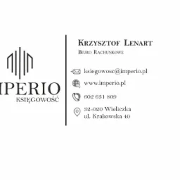 Wizytówka biura rachunkowego Imperio Krzysztof Lenart z Wieliczki, zawierająca logo, adres e-mail, stronę internetową i numer telefonu.