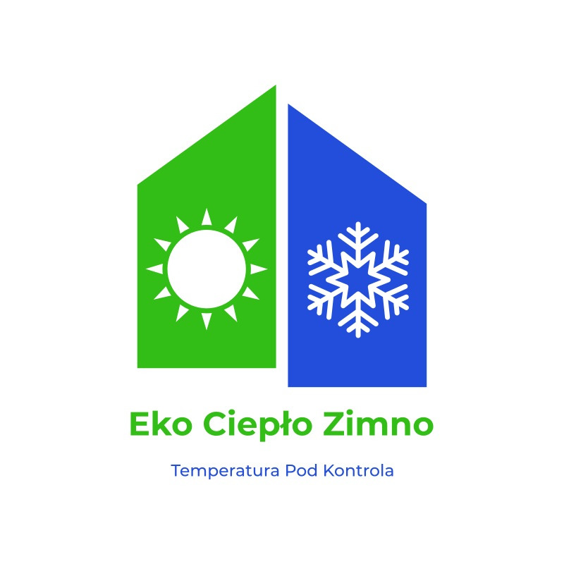 Logo firmy Eko Ciepło Zimno z symbolem słońca i śnieżynki w kształcie domu, hasło: Temperatura pod kontrolą.