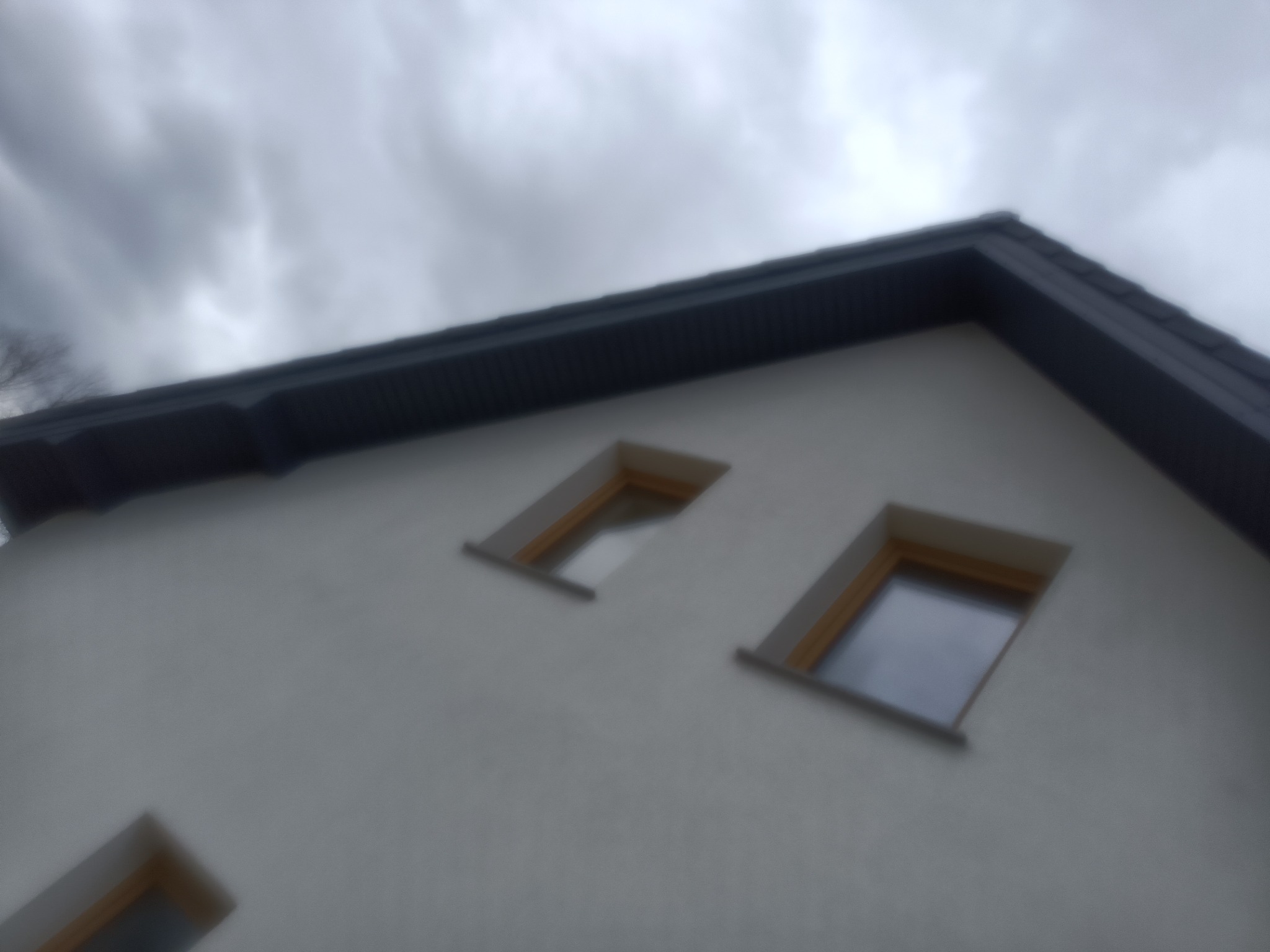 Fragment fasady budynku z oknami dachowymi na tle pochmurnego nieba.