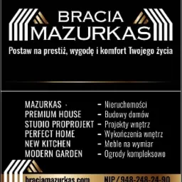 Bracia Mazurkas: logo firmy na czarnym tle ze złotymi akcentami. Oferta obejmuje nieruchomości, budowy domów, projekty wnętrz i meble na wymiar.