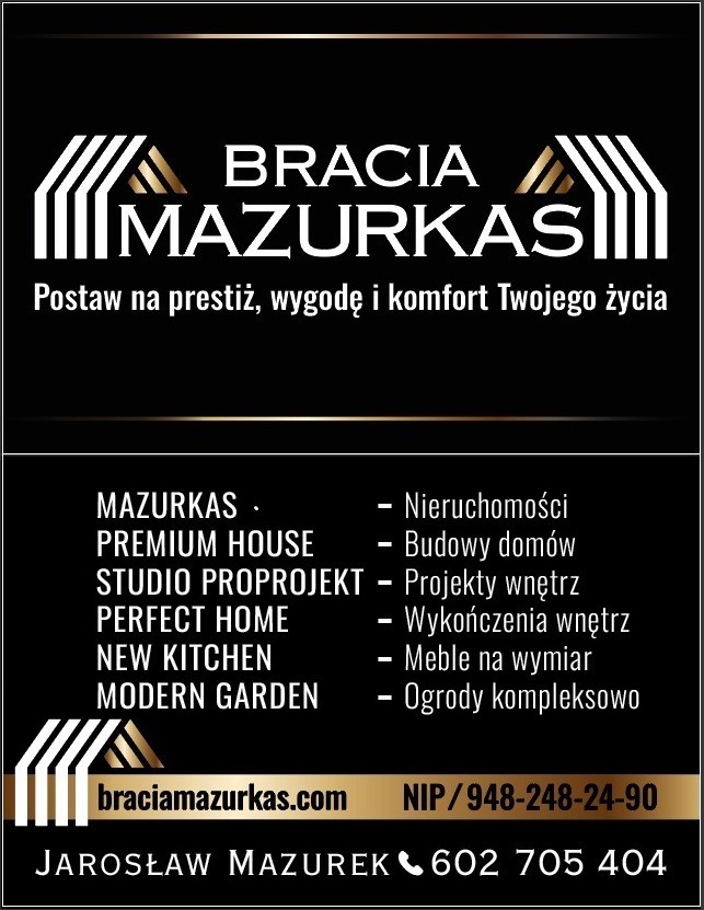 Bracia Mazurkas: logo firmy na czarnym tle ze złotymi akcentami. Oferta obejmuje nieruchomości, budowy domów, projekty wnętrz i meble na wymiar.