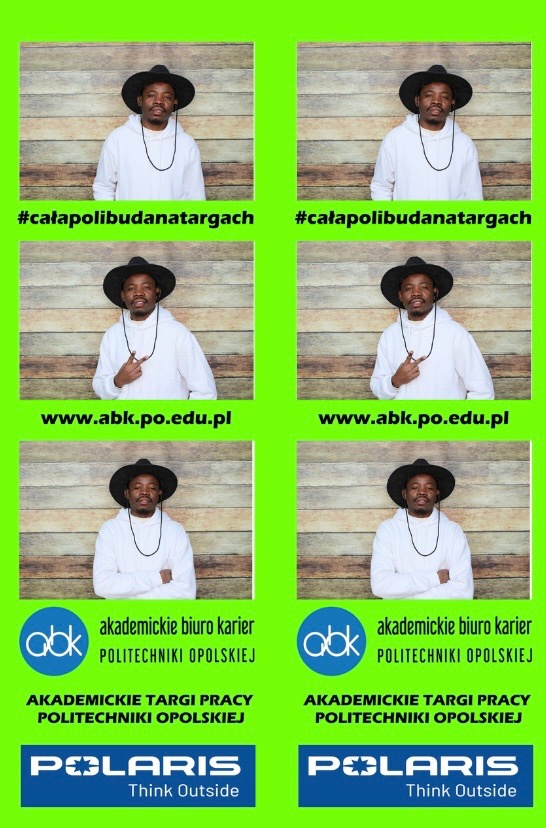 Kolaż sześciu zdjęć portretowych mężczyzny w kapeluszu i białej bluzie na tle drewnianej ściany, uzupełniony hashtagiem, adresem strony internetowej oraz logotypami Akademickiego Biura Karier...