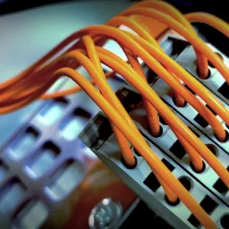 Pomarańczowe przewody wpięte w listwę zaciskową, widoczne oznaczenia na obudowie urządzenia.