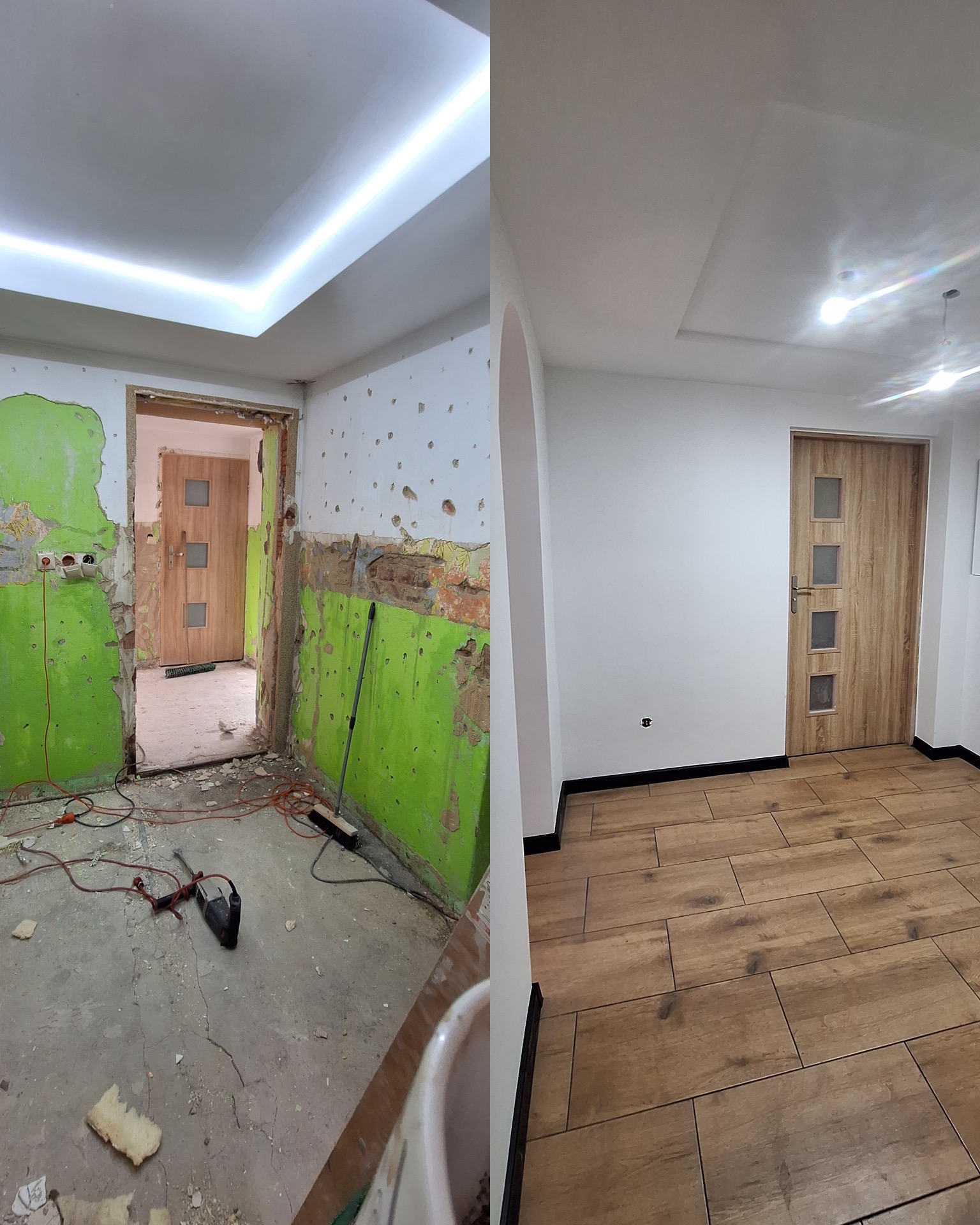 Porównanie stanu pokoju przed i po remoncie: od zielonych ścian z odsłoniętym murem i przewodami, do gładkich, białych ścian, drewnopodobnej podłogi i listew przypodłogowych.