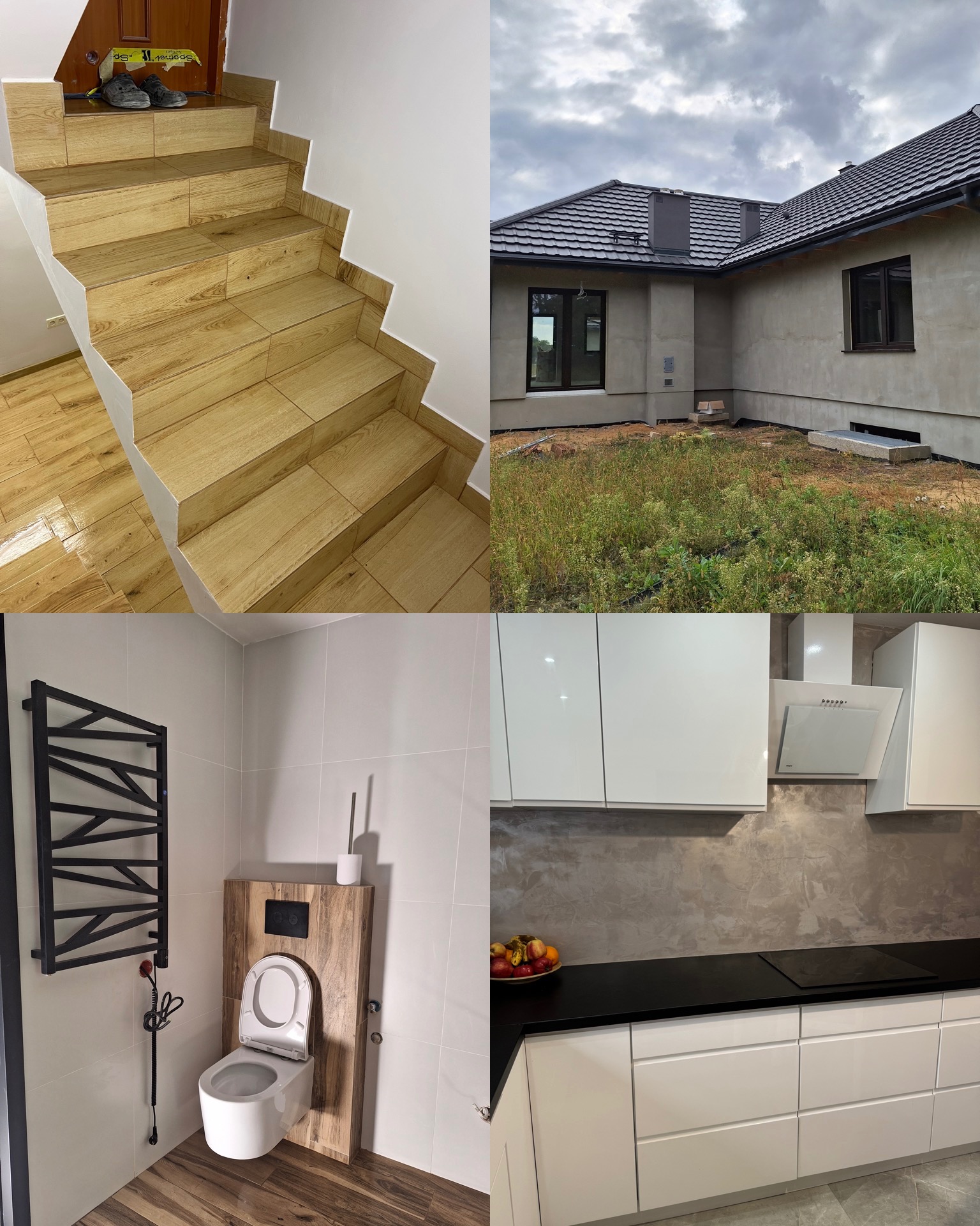 Kompozycja czterech kadrów: drewnopodobne płytki na schodach z butami na górnym stopniu, surowa elewacja domu z szarą dachówką, nowoczesna toaleta z grzejnikiem drabinkowym oraz biała kuchnia...