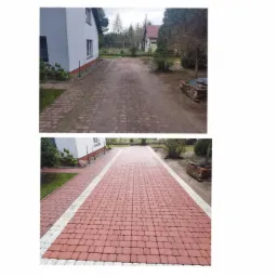 Porównanie stanu kostki brukowej przed i po: brudna, porośnięta mchem nawierzchnia kontra czysta, czerwona kostka z jasnymi fugami, widok na podjazd przed domem.