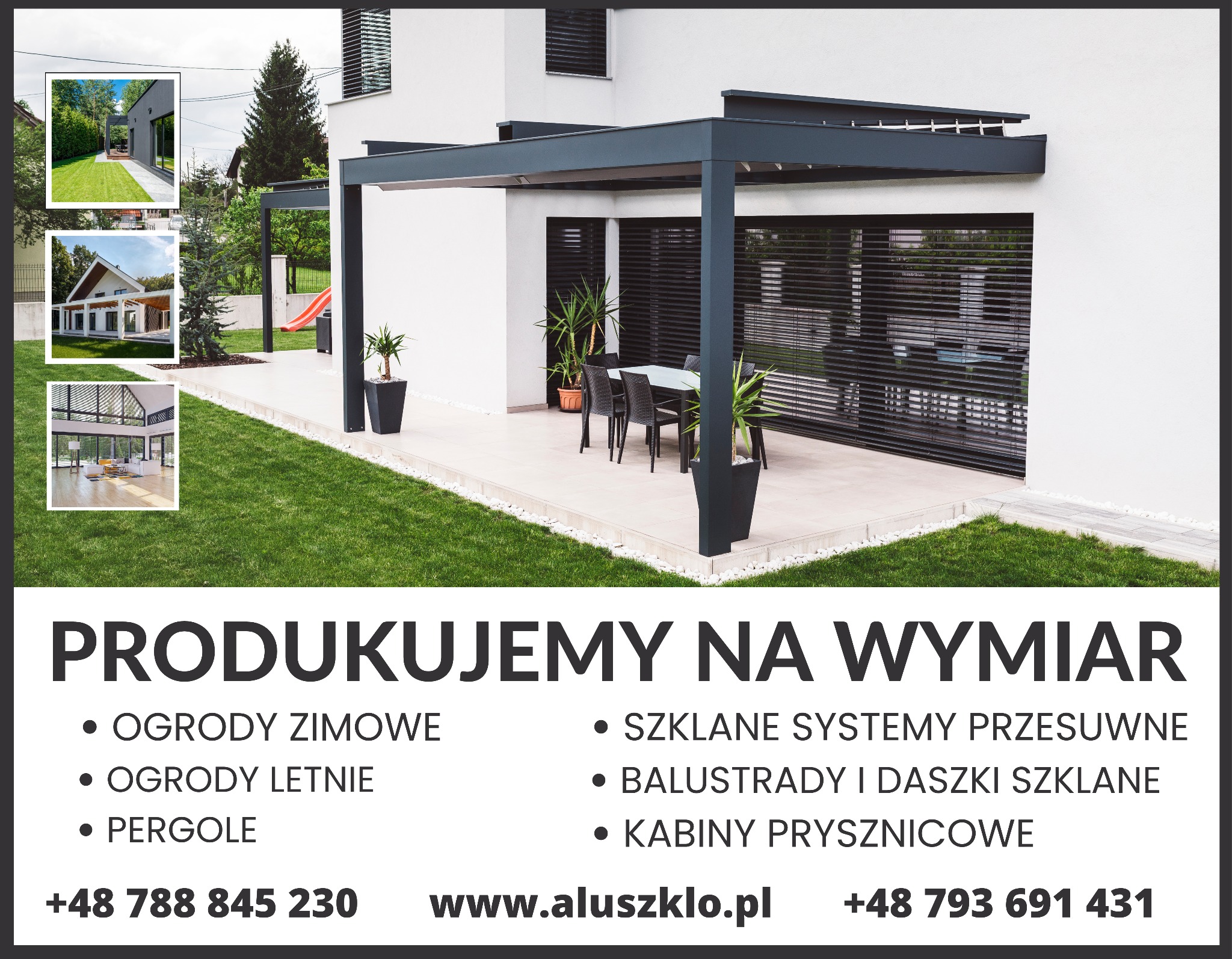Pergola z metalową konstrukcją na tarasie, z meblami ogrodowymi i roślinami w donicach, na tle białego budynku z żaluzjami okiennymi, widok z trawnika.