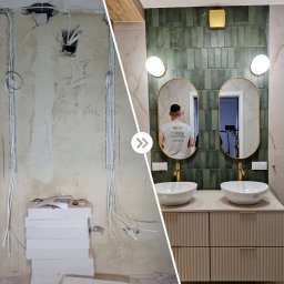 DP REM-BUD DANIEL PŁACHECKI - Porównanie łazienki przed i po remoncie: surowe ściany z przewodami elektrycznymi i notatkami kontra wykończona łazienka z zielonymi płytkami, umywalkami nablatowymi, złotymi bateriami i owalnymi...