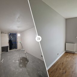 DP REM-BUD DANIEL PŁACHECKI - Pokój przed i po malowaniu: po lewej surowy stan z zabezpieczonym oknem i drabiną, po prawej odświeżone wnętrze z pomalowanymi ścianami, nową podłogą i grzejnikiem.