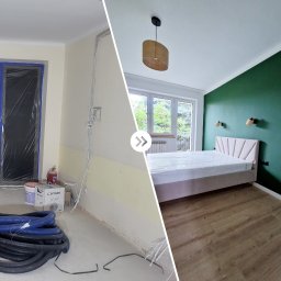 DP REM-BUD DANIEL PŁACHECKI - Zdjęcie przedstawia metamorfozę pokoju: po lewej stronie surowy stan z odsłoniętymi przewodami, zabezpieczonym oknem folią i wiązką węży na podłodze; po prawej odświeżony pokój z zieloną ścianą...