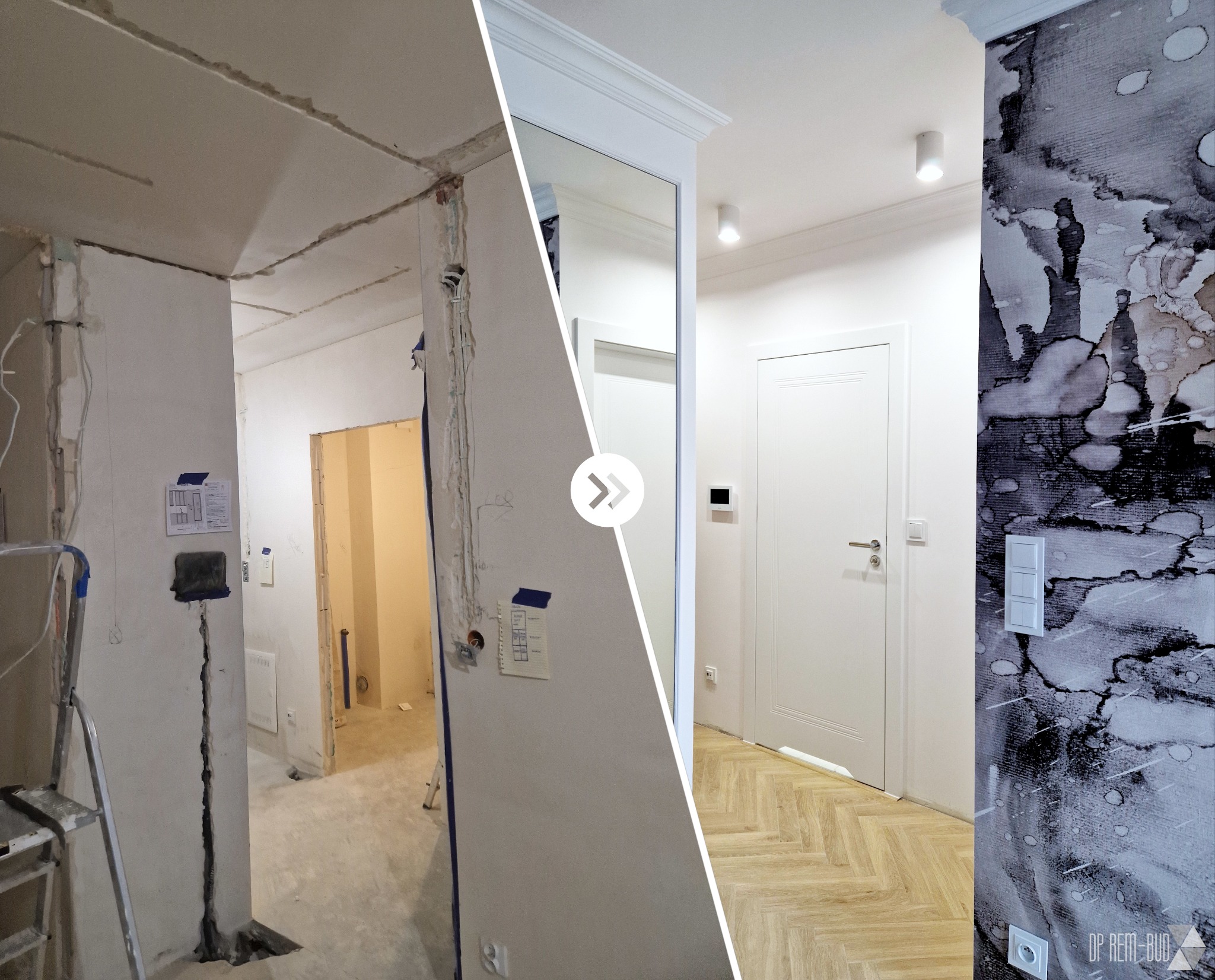 Przedpokój w trakcie i po remoncie: surowe ściany z kablami versus odnowione wnętrze z parkietem, tapetą i oświetleniem.