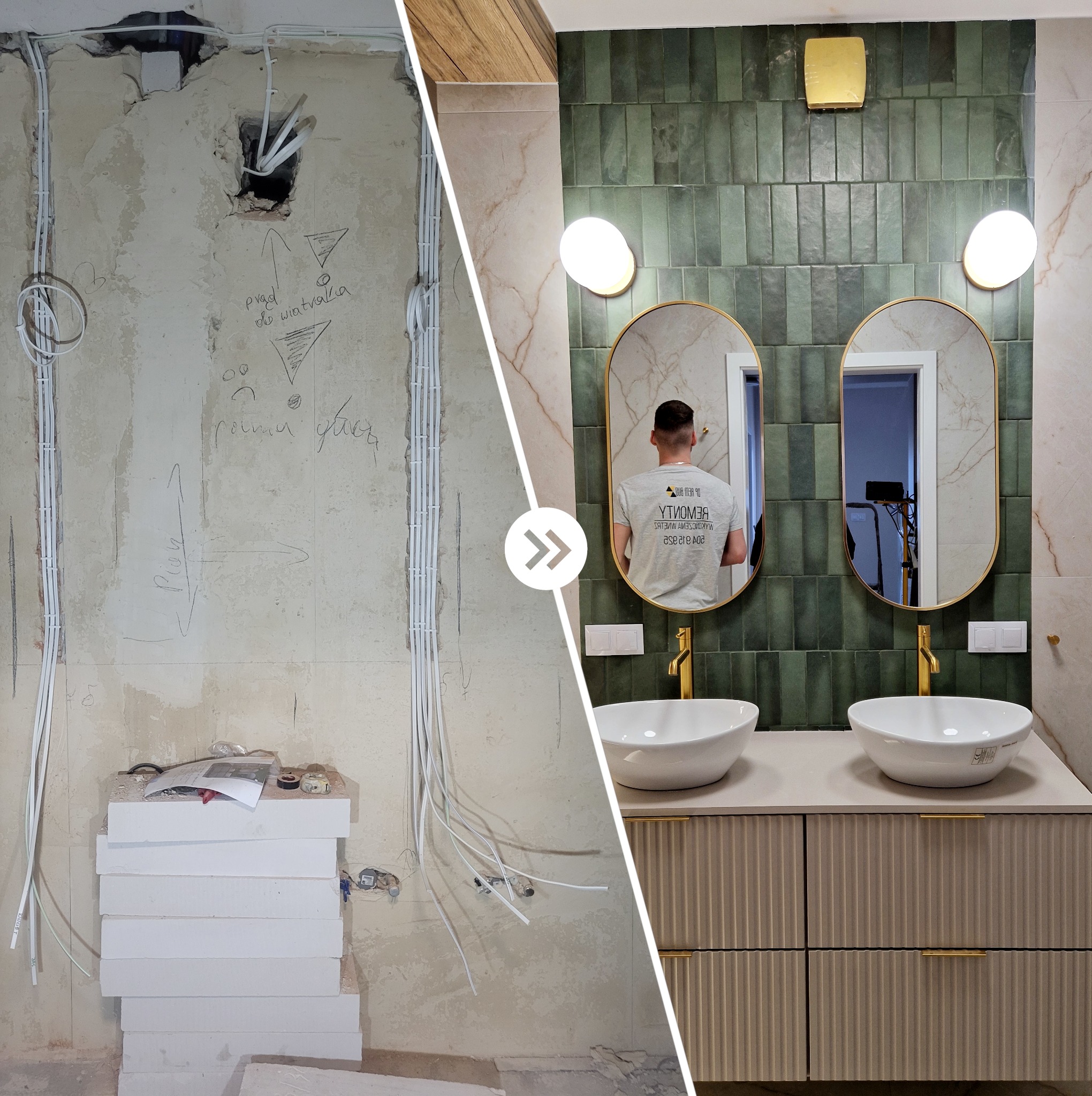 Porównanie łazienki przed i po remoncie: surowe ściany z przewodami elektrycznymi i notatkami kontra wykończona łazienka z zielonymi płytkami, umywalkami nablatowymi, złotymi bateriami i owalnymi...