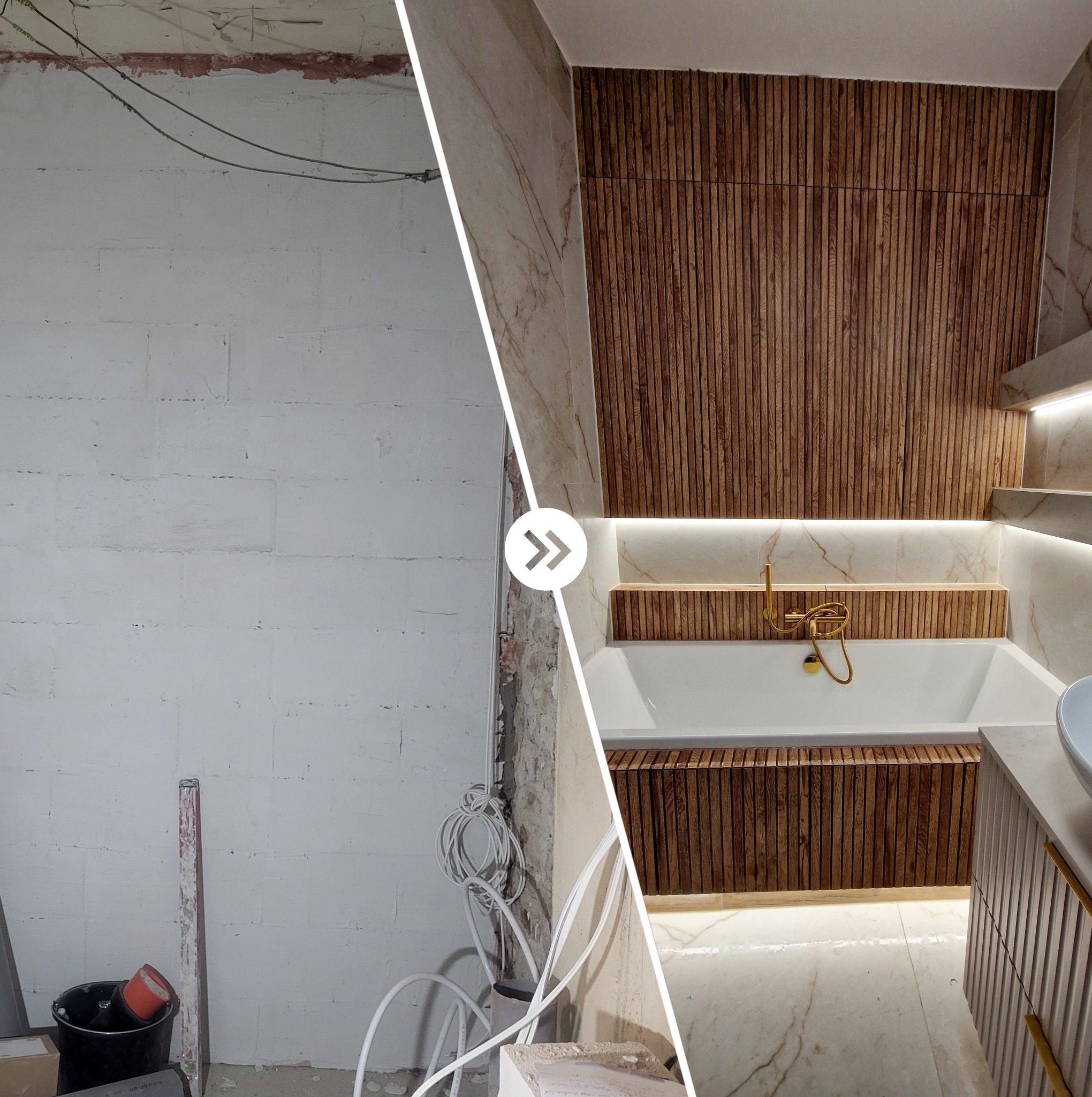 Porównanie stanu łazienki przed i po: surowa ściana z betonu komórkowego vs. wykończona łazienka z drewnianą okładziną, marmurowymi płytkami i podświetlaną wanną.