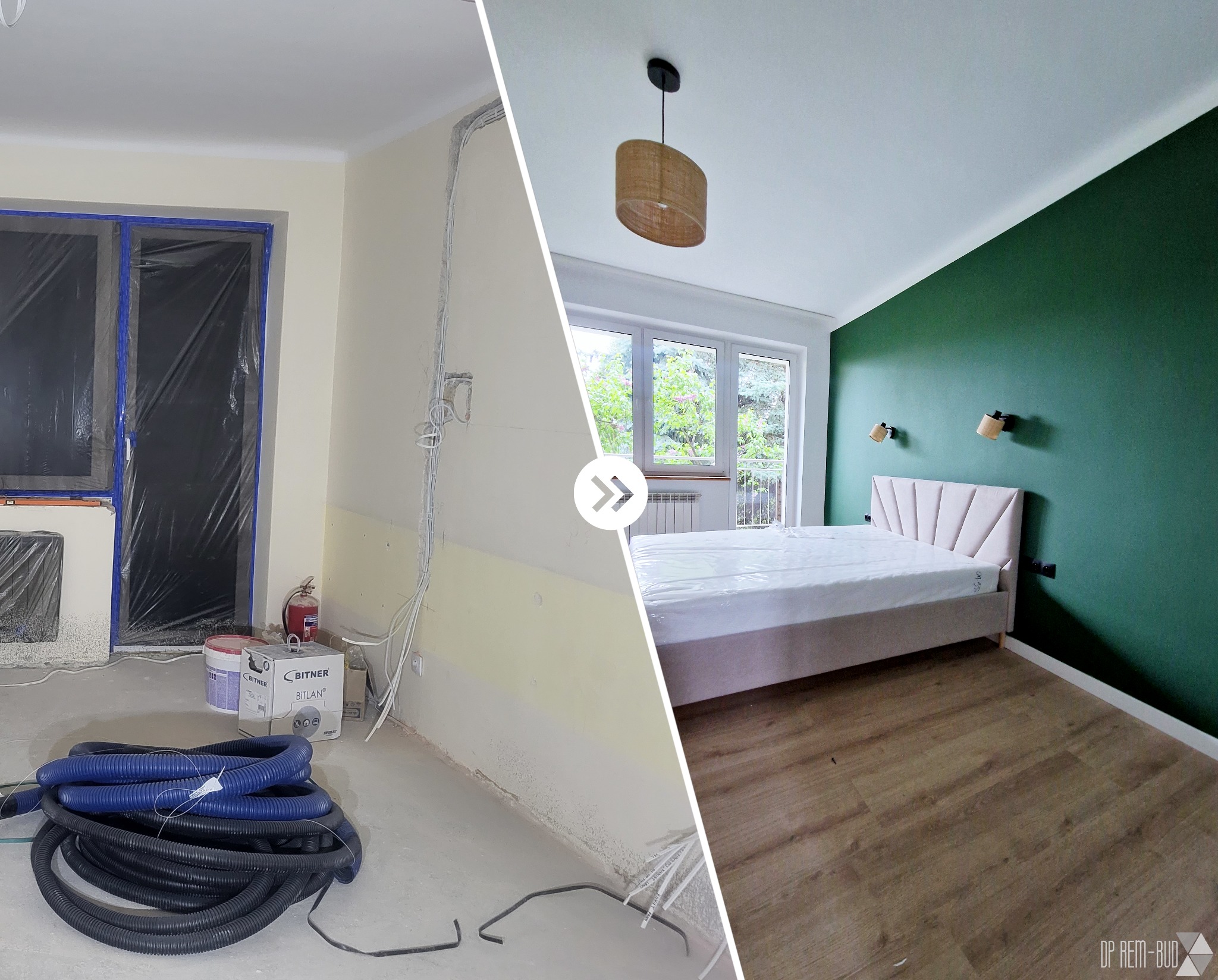 Zdjęcie przedstawia metamorfozę pokoju: po lewej stronie surowy stan z odsłoniętymi przewodami, zabezpieczonym oknem folią i wiązką węży na podłodze; po prawej odświeżony pokój z zieloną ścianą...