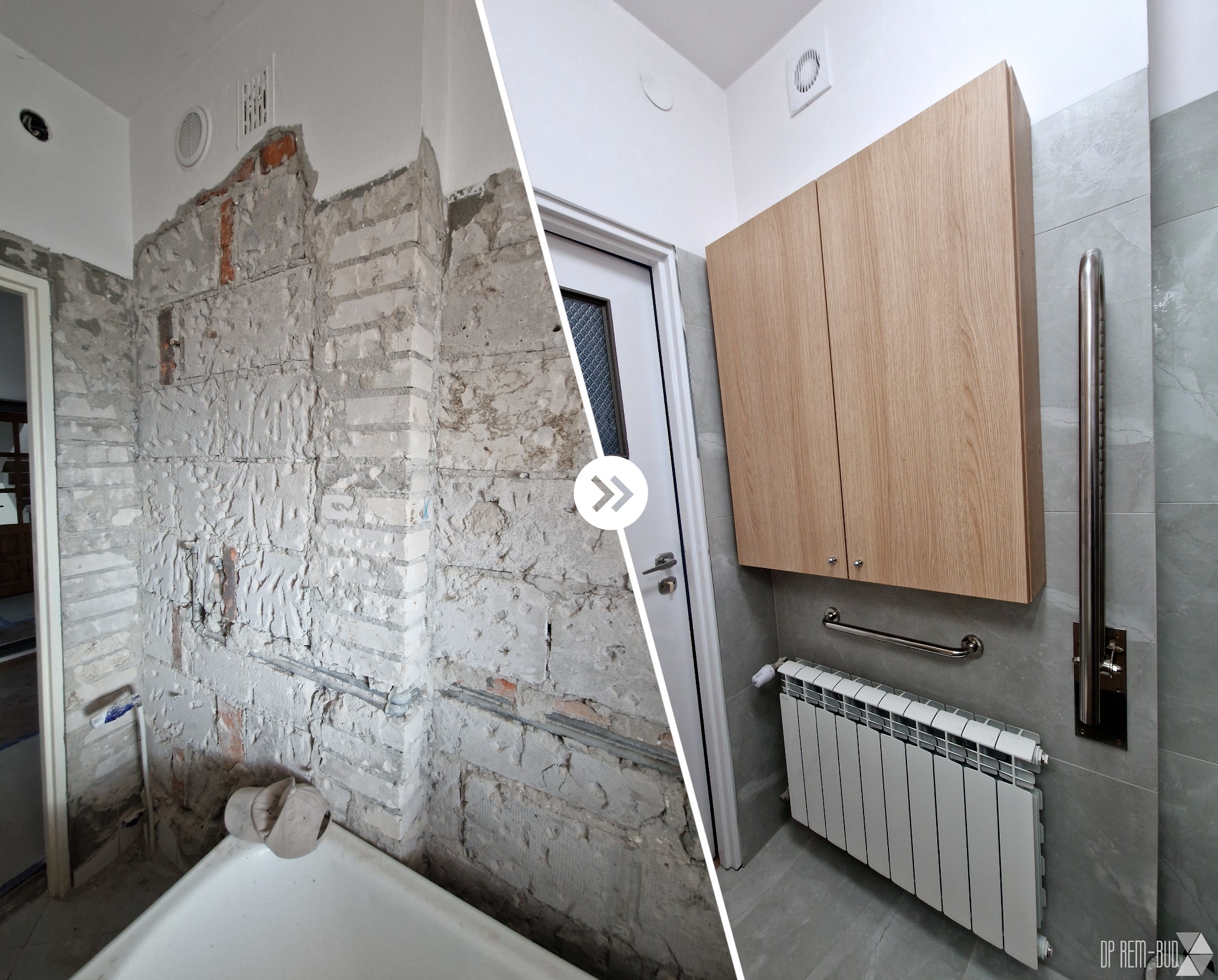 Porównanie stanu łazienki przed i po: surowa cegła i instalacje kontra wykończone płytki, szafka wisząca i grzejnik.
